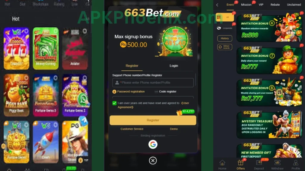 663Bet Game APK internal interface, registration section and promotion center of game