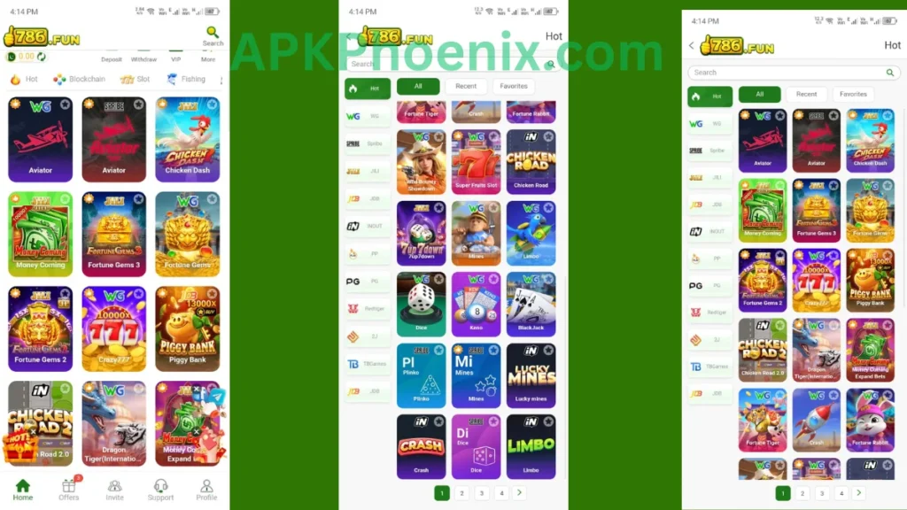 786Fun Game App internal interface and hot game section of app.