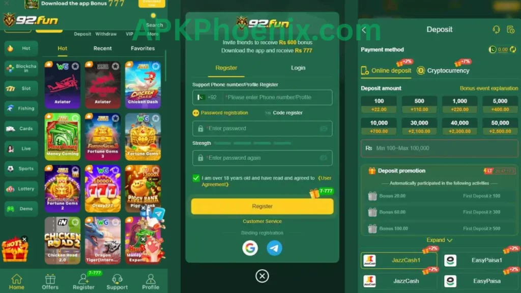 92Fun Game APK internal interface, registration section and deposit section of game