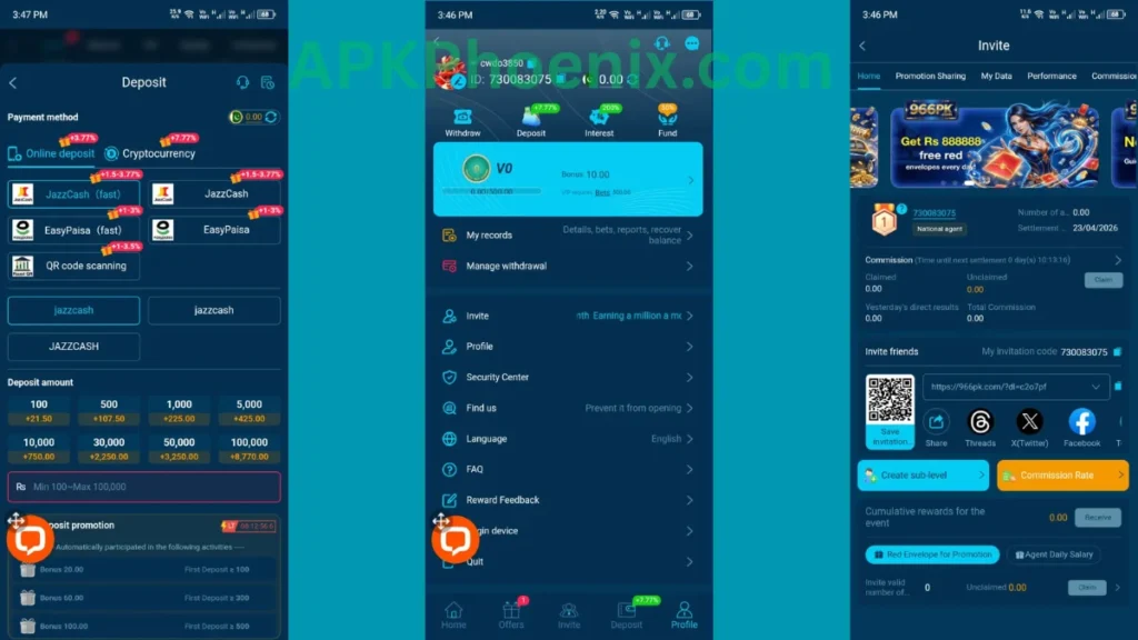 966PK Game profile section, referral section and deposit section of game.