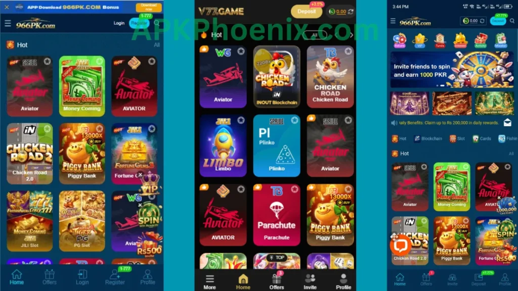 966PK Game App internal interface and hot game section of application.