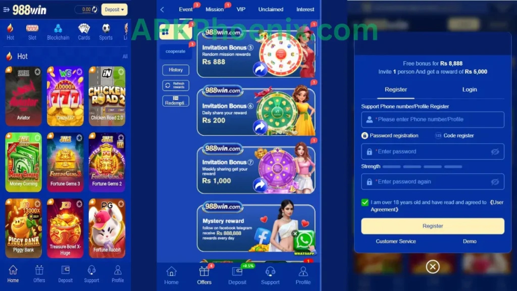 988Win Game internal interface, registration section ad promotion center of game