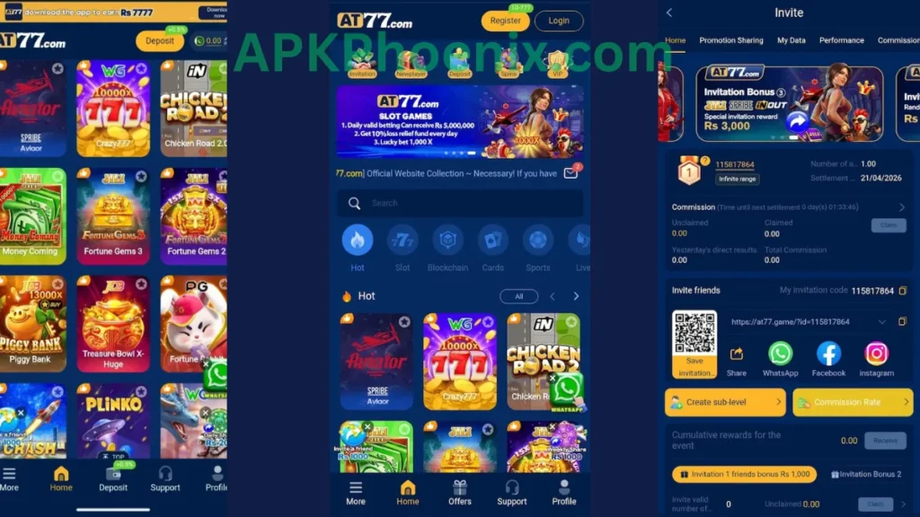 AT77 Game App internal interface and referral section of game.