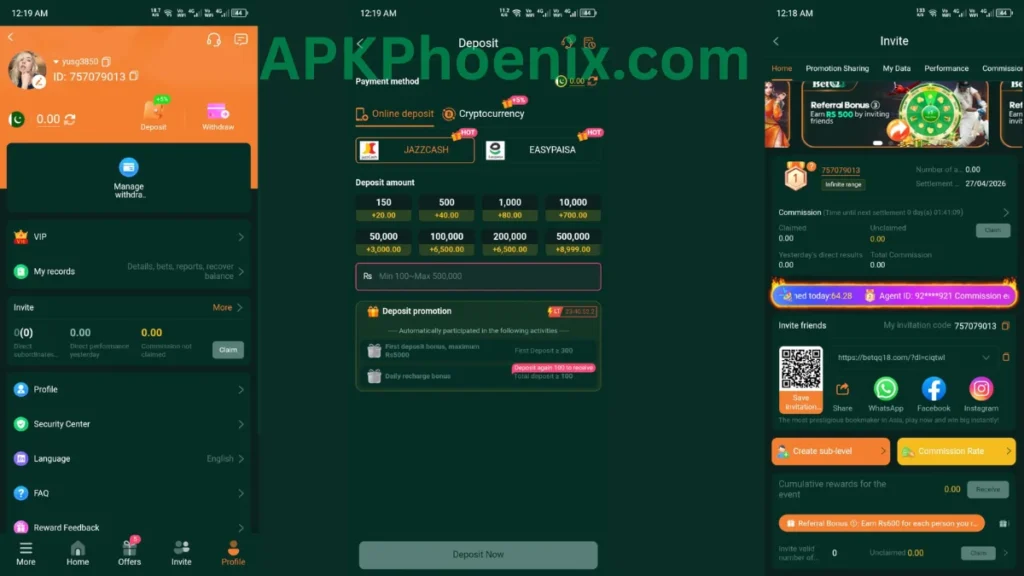 BetQQ Game APK user profile section, deposit and withdrawal section of game