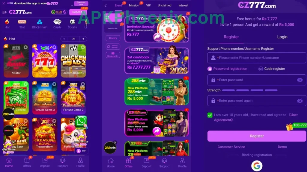 CZ777 Game App internal interface, promotion center and registration section of game