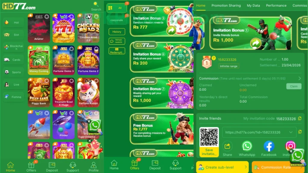 HD77 Game APK internal interface, promotion center and registration section of game