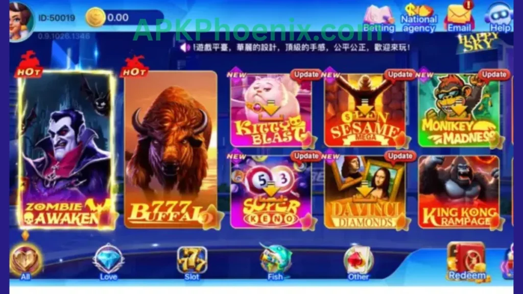 Happy Sky 777 internal interface of game for new users