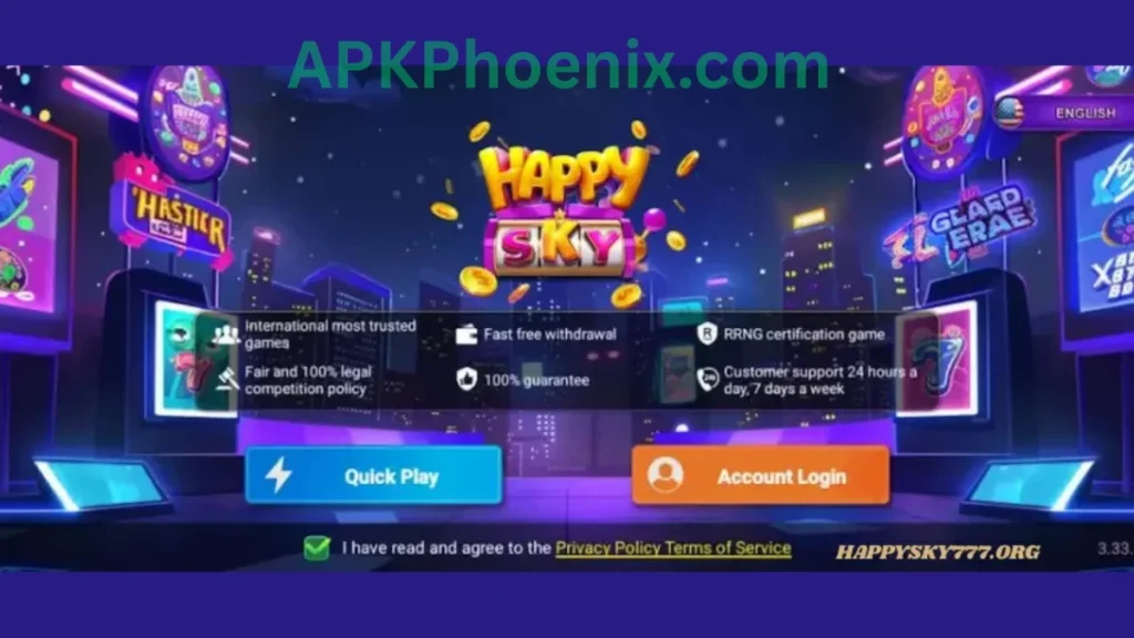 Happy Sky 777 account login section of game