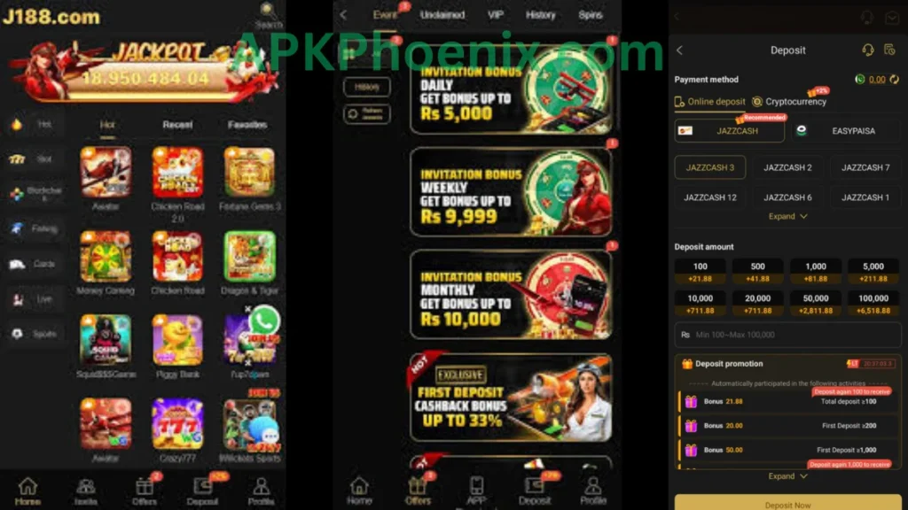 J188 Game APK internal interface, deposit section and promotion center of game