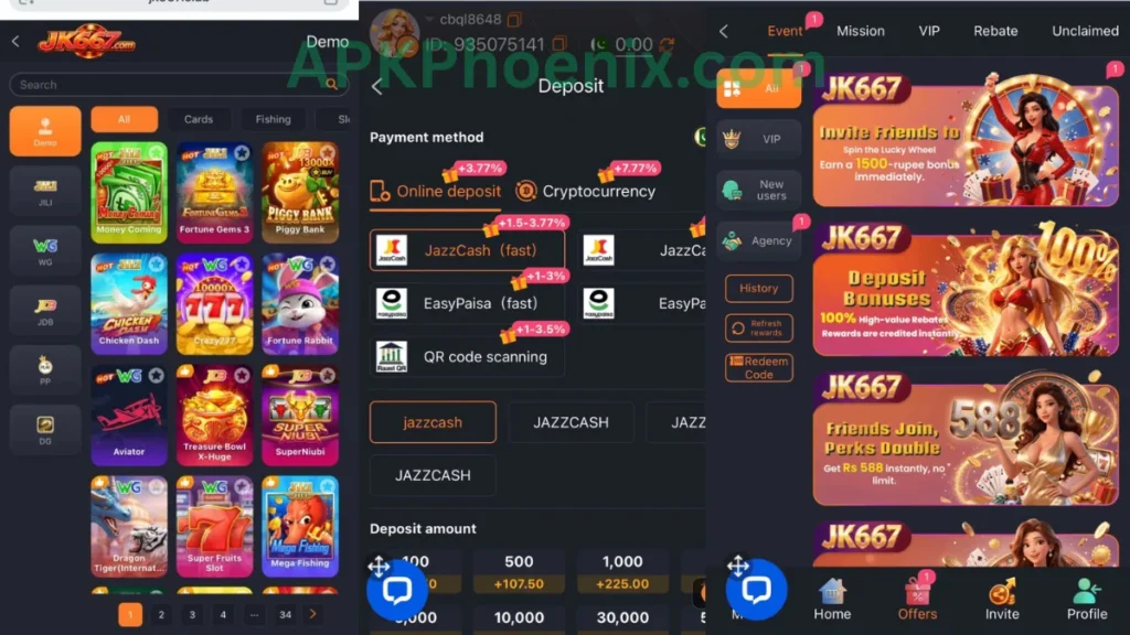JK667 Game APK internal interface, deposit section and promotion center of game