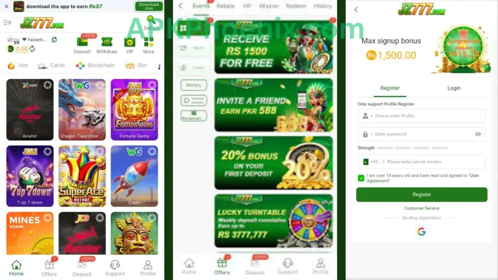 JZ777 Game APK internal interface registration section and promotion center of game