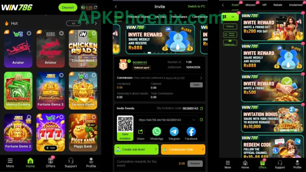 Win786 Game App internal interface, invitational section and promotion center of game