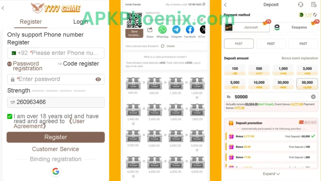 Y777 Game App registration section, deposit section and invitation section of game