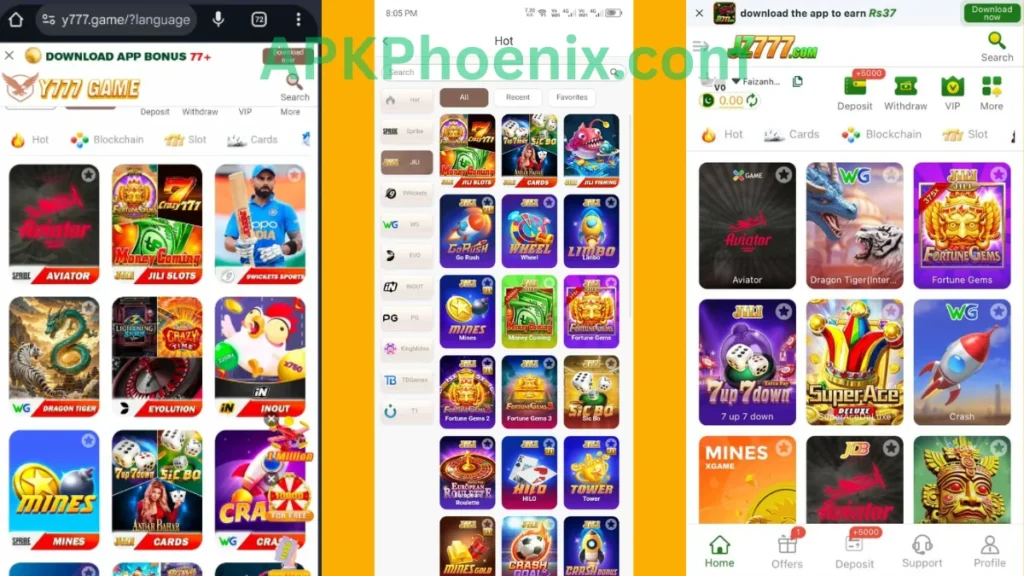 Y777 Game APK internal interface and hot game section of application