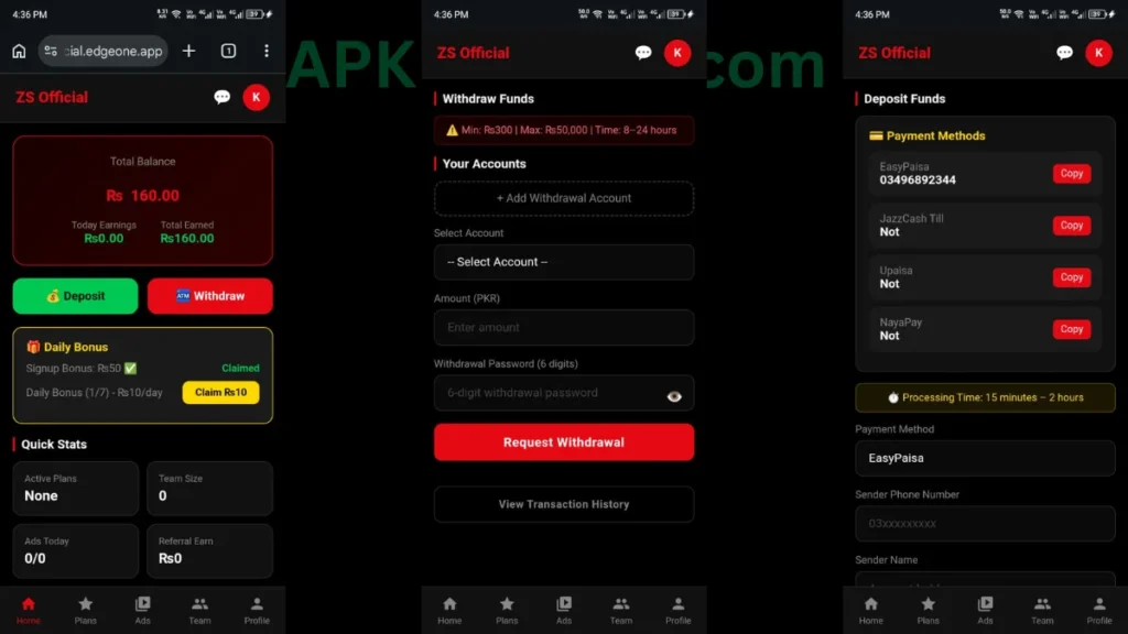 ZS Official Earning APK internal interface, withdrawal and deposit section