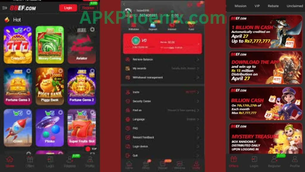 88EF Game APK internal interface, profile section and promotion center of game
