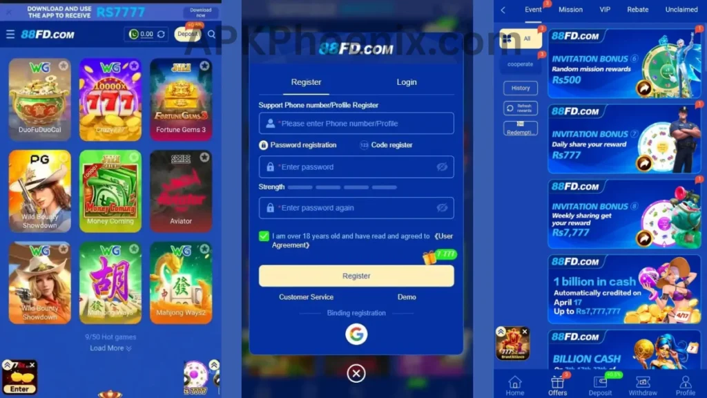 88FD Game APK internal interface, registration section and promotion center of game