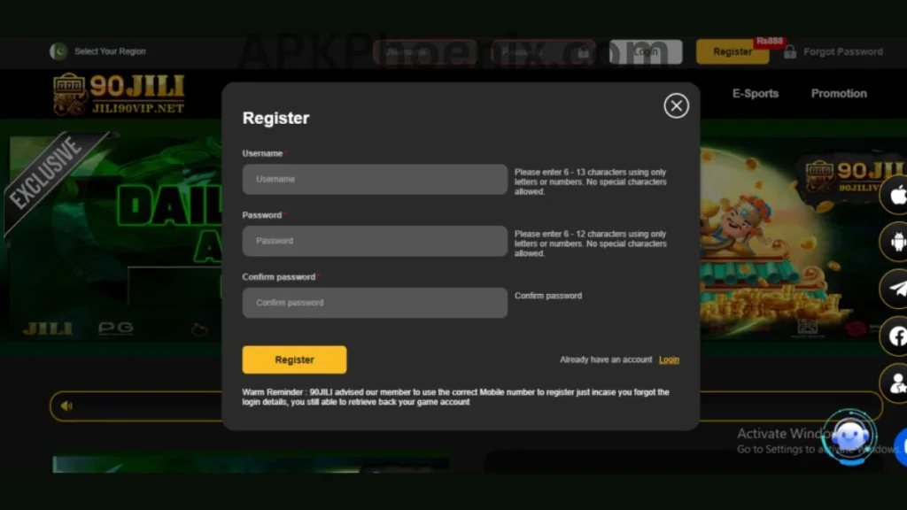 90Jili Club Game APK registration section of game
