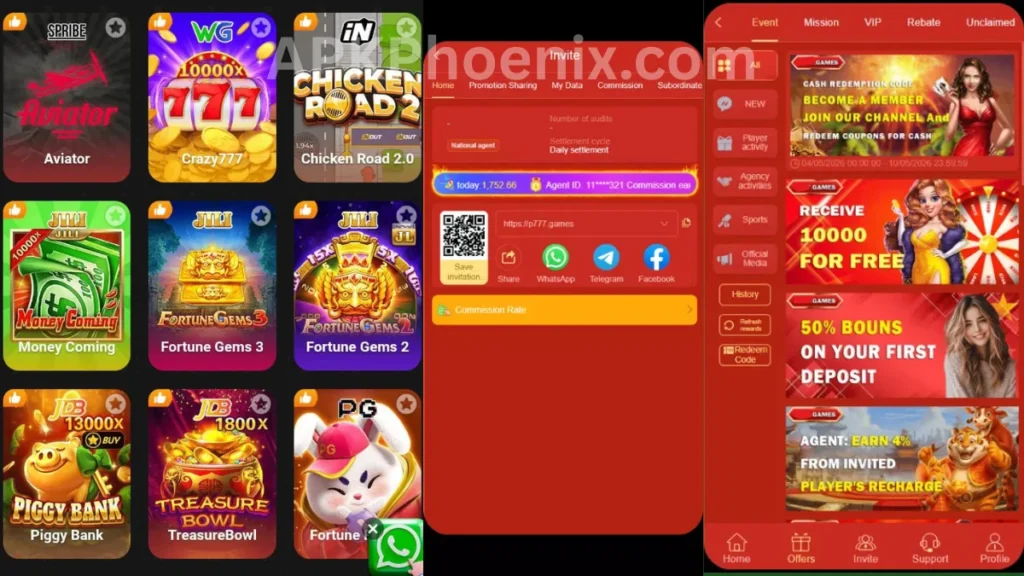 EP777 Game APK internal interface, referral section and deposit section of game