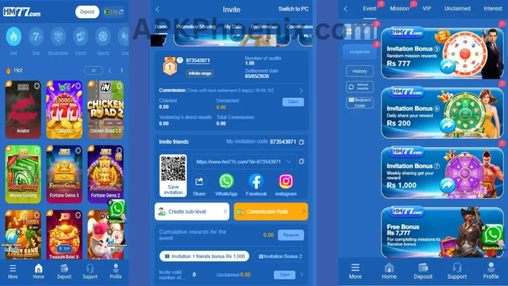 HM77 Game App internal interface, invitational bonuses and promotion center of game