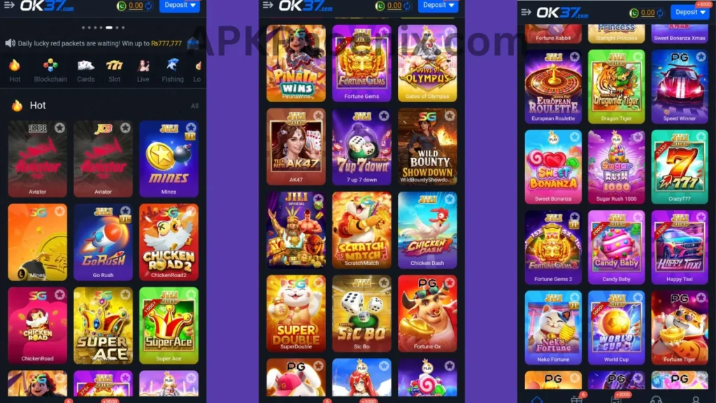 OK37 Game App internal interface and hot game section of application