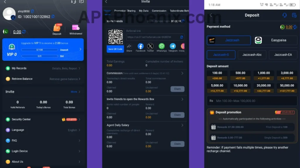 OK37 Game APK profile section, invitational section and deposit section of game