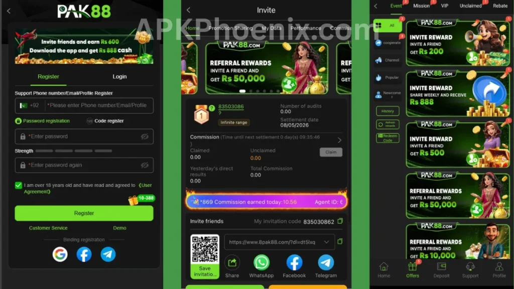 PAK88 Game APK registration section, referral section and promotion center of game