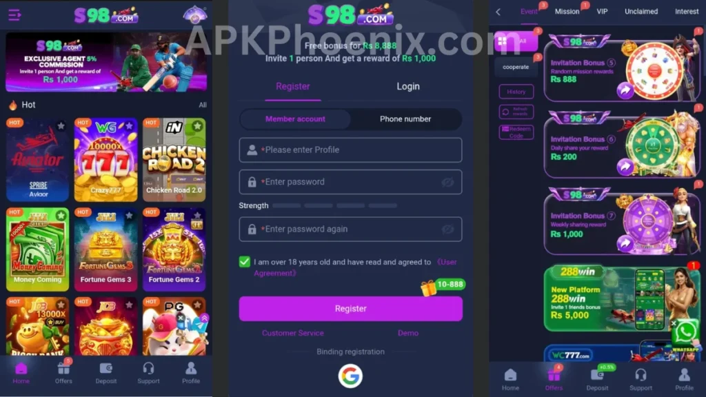 S98 Game APK internal interface, registration section and promotion center of game