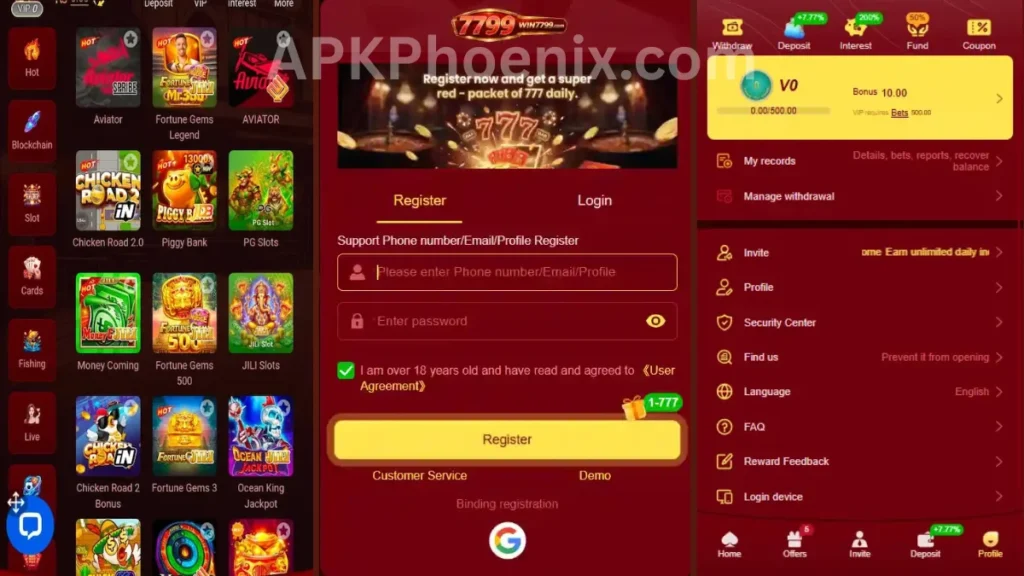 WIN7799 Game APK internal interface, registration section and profile view of application