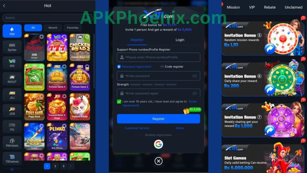 X111 Game App promotion center, internal interface and registration section of game